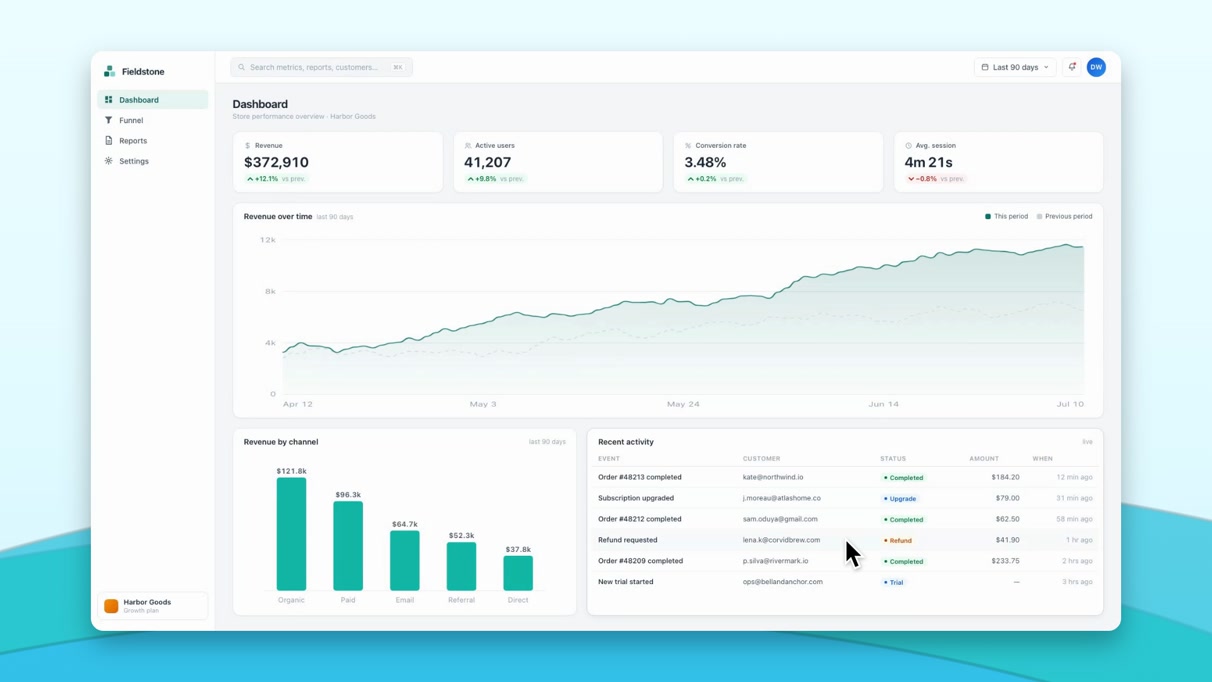 Screen recording — Fieldstone dashboard on gradient background
